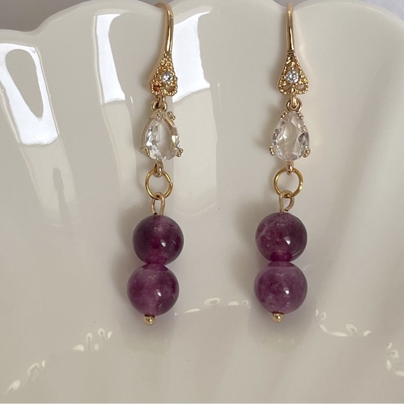 Amethyst Stone Bead Gold Handmade Dangle Earrings - Picture 1 of 2